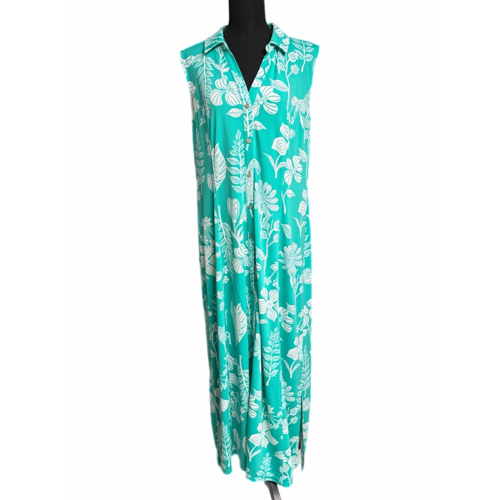 Talbots Teal Green White Floral Sleeveless Maxi Dress XL Jersey Knit Button Up